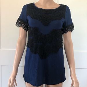 A.N.A Navy Blue Black Lace Short Sleeves Long Tee T-shirt Top XS